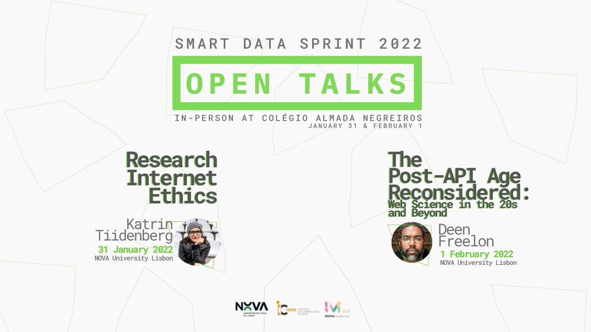 iNOVAmedialab's tweet photo. 🟢 #SMARTDataSprint 2022 will promote two open talks with the amazing Katrin Tiidenberg (@kkatot) and Deen Freelon (@dfreelon). 

Both will take place at the Campolide campus of @NOVAunl. To come in person or watch online, just register at https://t.co/fktiPzK2Ck https://t.co/2X5ne0H5VY
