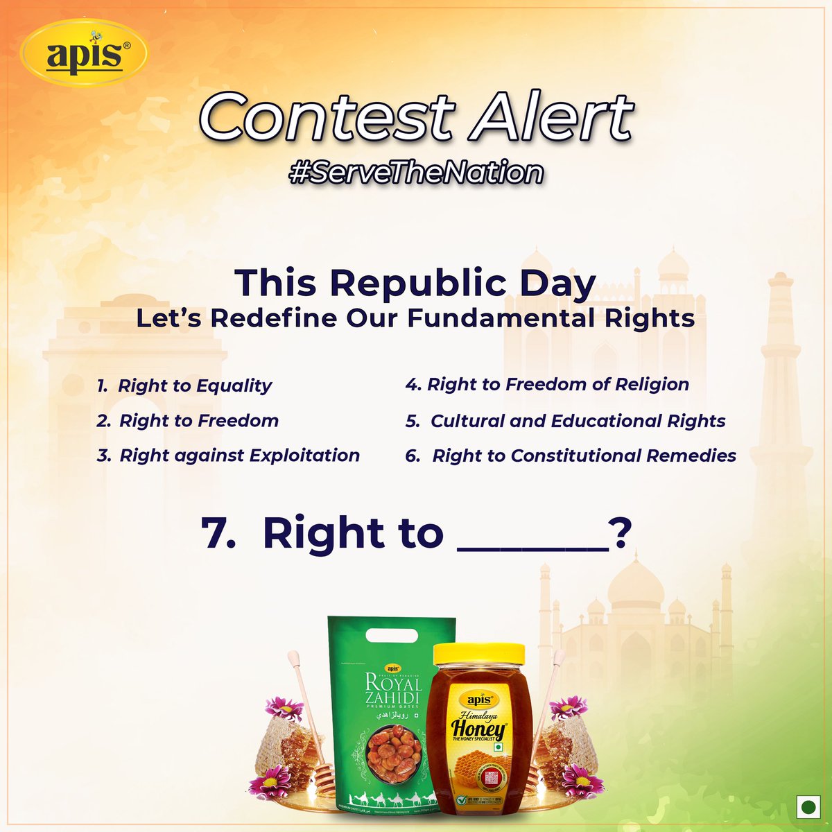 apis_india's tweet photo. #RepublicDayContestAlert
This Republic day, we say Right to a healthy lifestyle. Share what would you like to add as the 7th right and get a chance to win exciting hampers.
Rules-1. Mandatory hashtags #ServeTheNation #ShuddhAurSacchaApisHoney #SehatKaSathApisDate
@apis_india https://t.co/2ArULvVLQr