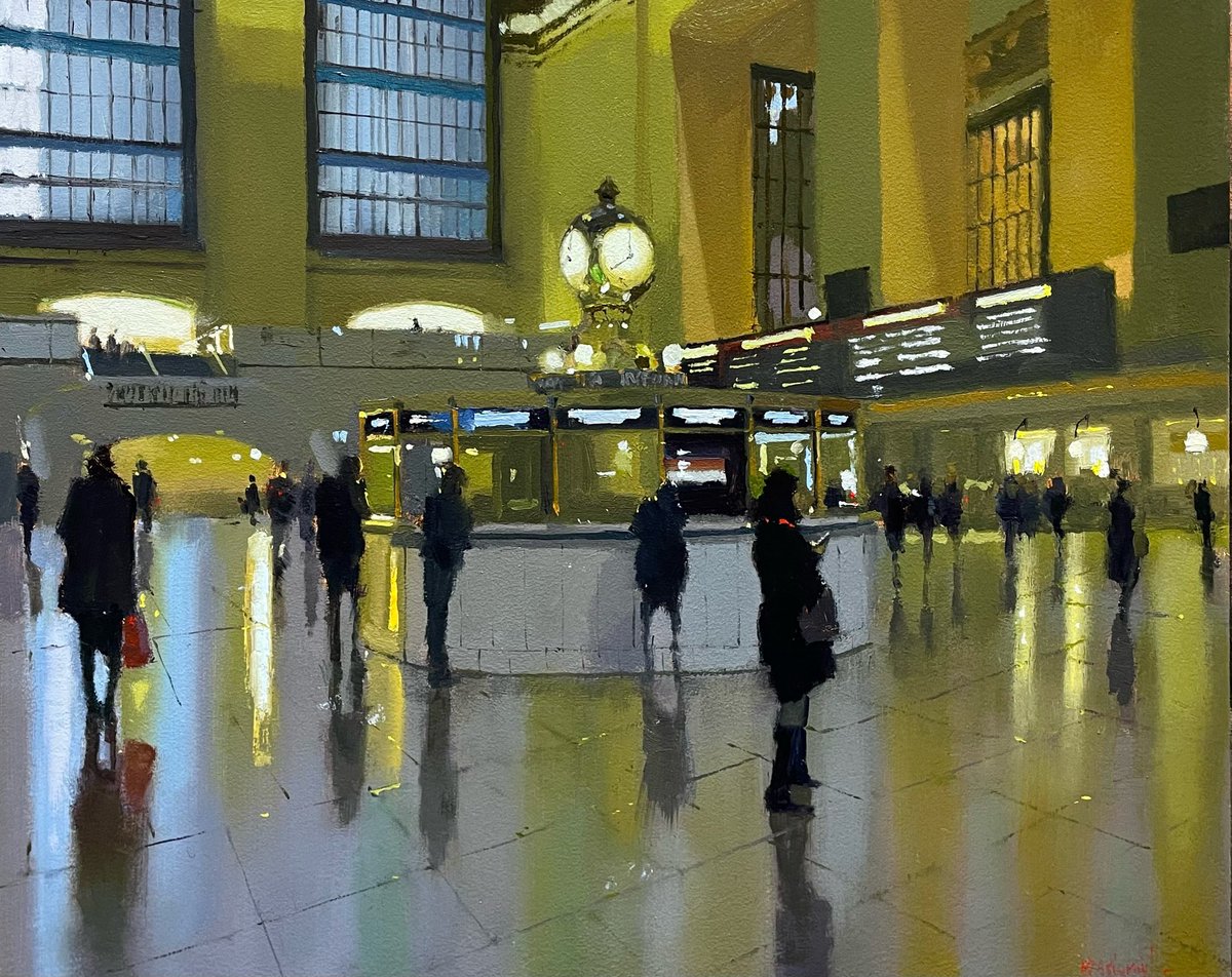 MJAshcroft's tweet photo. Latest oil painting on the easel  #grandcentralstation
What a place this is! It was far more impressive than I ever imagined. Anyone that has followed  my work over the years might know that If there happens to be a clock in any of my paintings I will always set them to 8pm https://t.co/8t9OY7XSrI