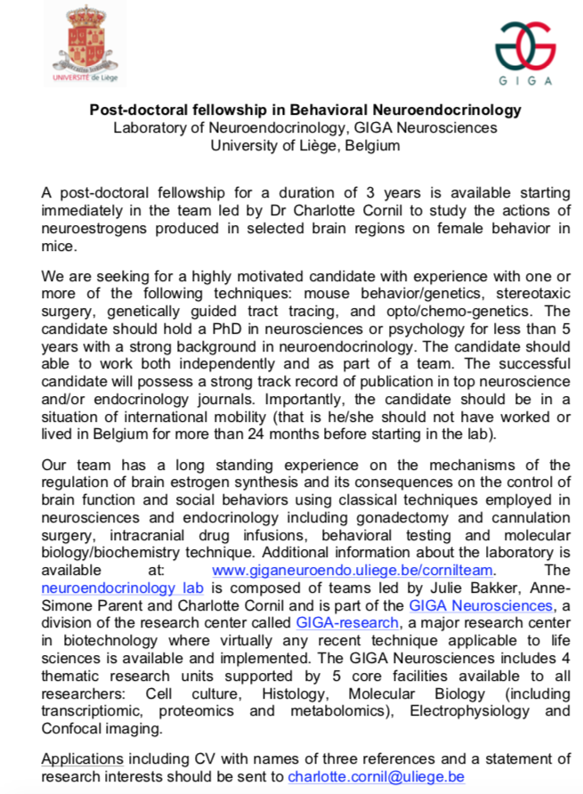 CornilLab's tweet image. We are seeking for a post-doctoral researcher to study neuroestrogen action in mouse behavior.