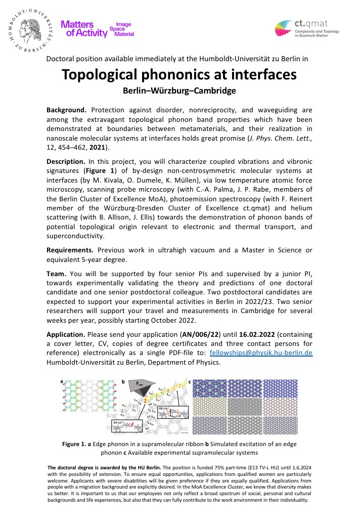 PalmaLab_'s tweet photo. RT appreciated! 📢 Surface Physics/Chemistry PhD opening available immediately @HumboldtUni @IRISAdlershof @berlinscience in collaboration with @DeptofPhysics @Uni_WUE, @ct_qmat @exc_moa feat. molecular systems from @UniHeidelberg &amp; @DumeleLab https://t.co/UaE5glSkFY