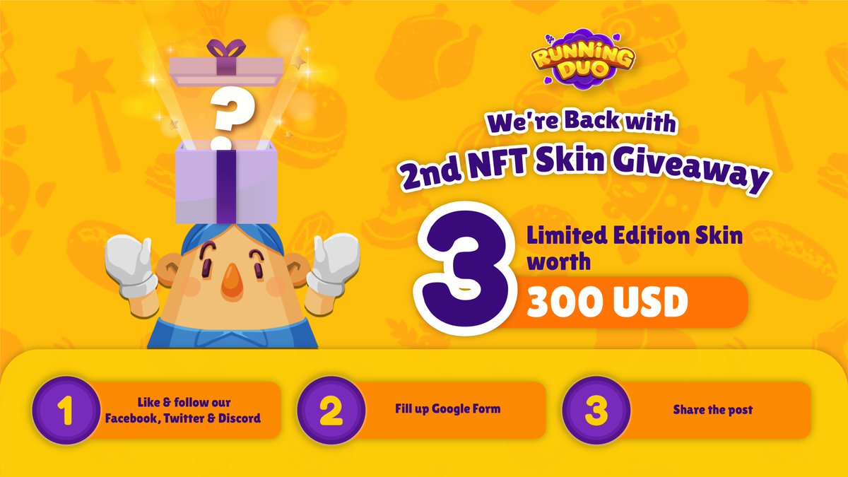 runningduo_NFT's tweet photo. The Giveaway is back. Win a “Limited Edition” NFT Skin worth 300 USD 🔥
Visit https://t.co/gFMbft8qIL for more info! 😎
🎮 Join us now:
https://t.co/7fRvf4AFpS
Official site:
🌐 https://t.co/mzBw1dVAPm
#RunningDuo #BattleRoyale #CookingGame #PlayToEarn #NFTGame https://t.co/PG3EH5dZKs