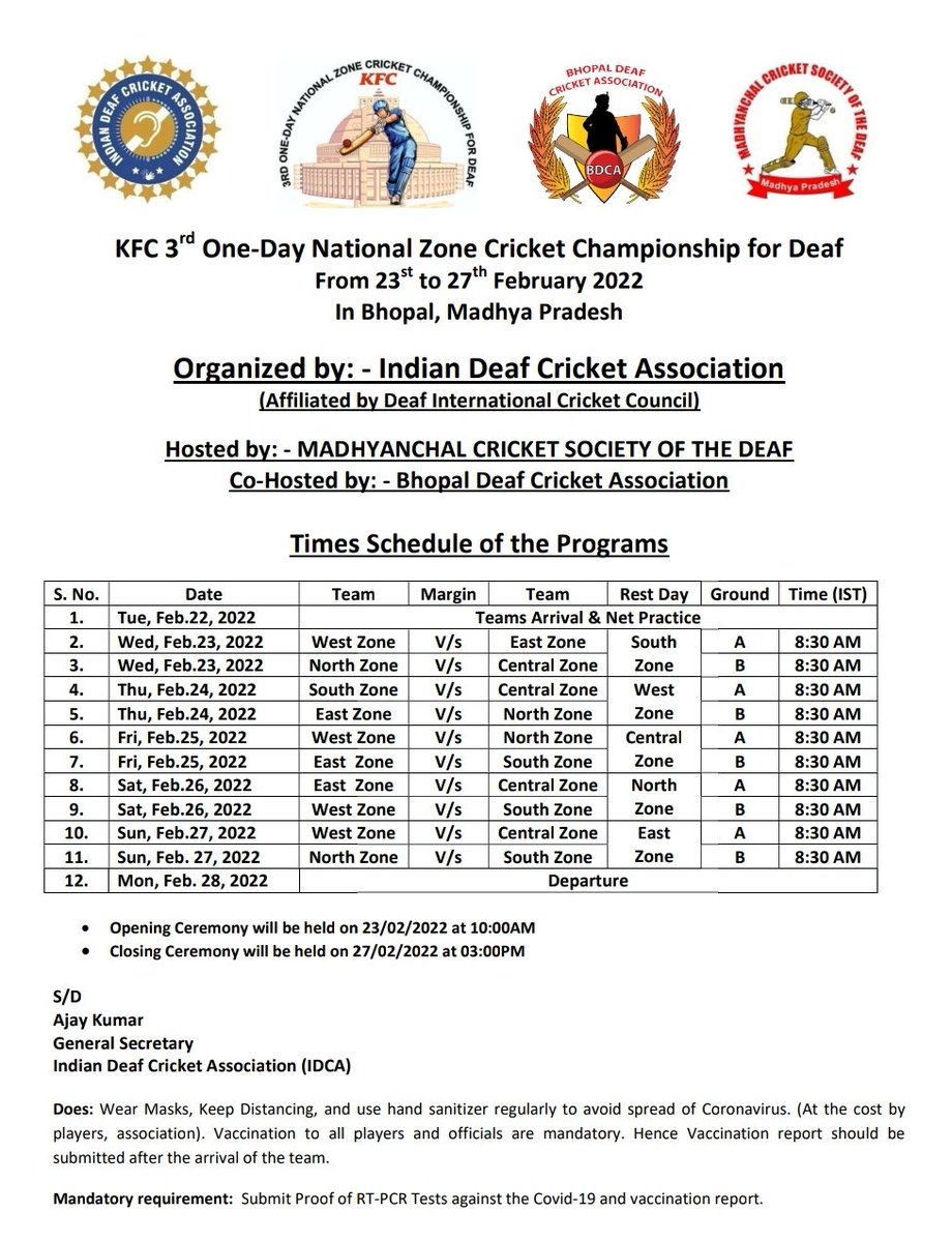 official_idca's tweet photo. KFC 3rd One-Day National Zone Cricket Championship for Deaf from 23 Feb. 2022 at Bhopal, Madhya Pradesh

Organised by: Indian Deaf Cricket Association
Hosted by: Madhyanchal Cricket Society of the Deaf
Co-Hosted: Bhopal Deaf Cricket Association @BCCI @JayShah @dcciofficial #MPCA https://t.co/yZksr2soDF