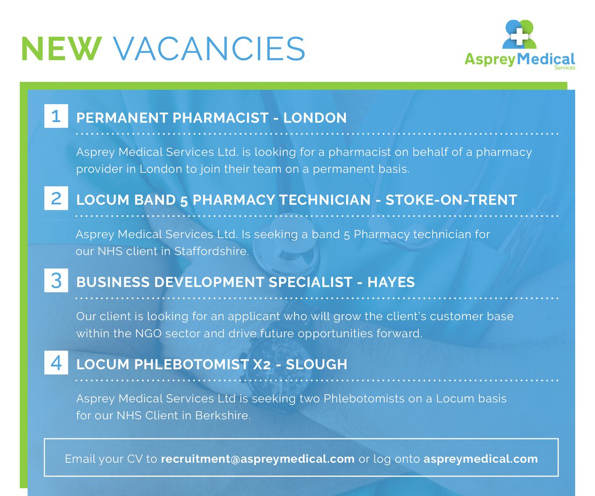 AspreyMedical's tweet photo. Get a head start on the weekend with these NEW and EXCITING vacancies! 💙💚

Call us now on 01206 656009 to start applying, or visit https://t.co/5DDHLqScUe

#healthcarerecruitment #nowhiring #pharmacist #pharmacy
#pharmacyjobs #occupationaltherapists https://t.co/xF2KDxBFUW