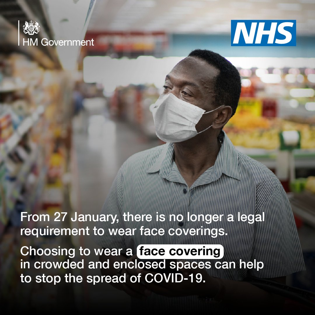 From 27 January, there is no longer a legal requirement to wear face coverings. 😷

Choosing to wear a face covering in crowded and enclosed spaces can help to stop the spread of COVID-19.
#COVID19 #FaceCovering