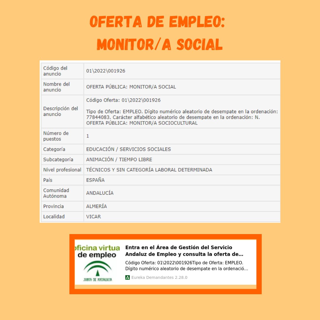 fempleo_'s tweet photo. Os traemos una oferta de empleo de monit@r social en Vicar para técnic@s de animación sociocultural y turística.
Aquí os dejamos el enlace de la oferta:
https://t.co/cDheulsCZP https://t.co/9gtxXct5tZ