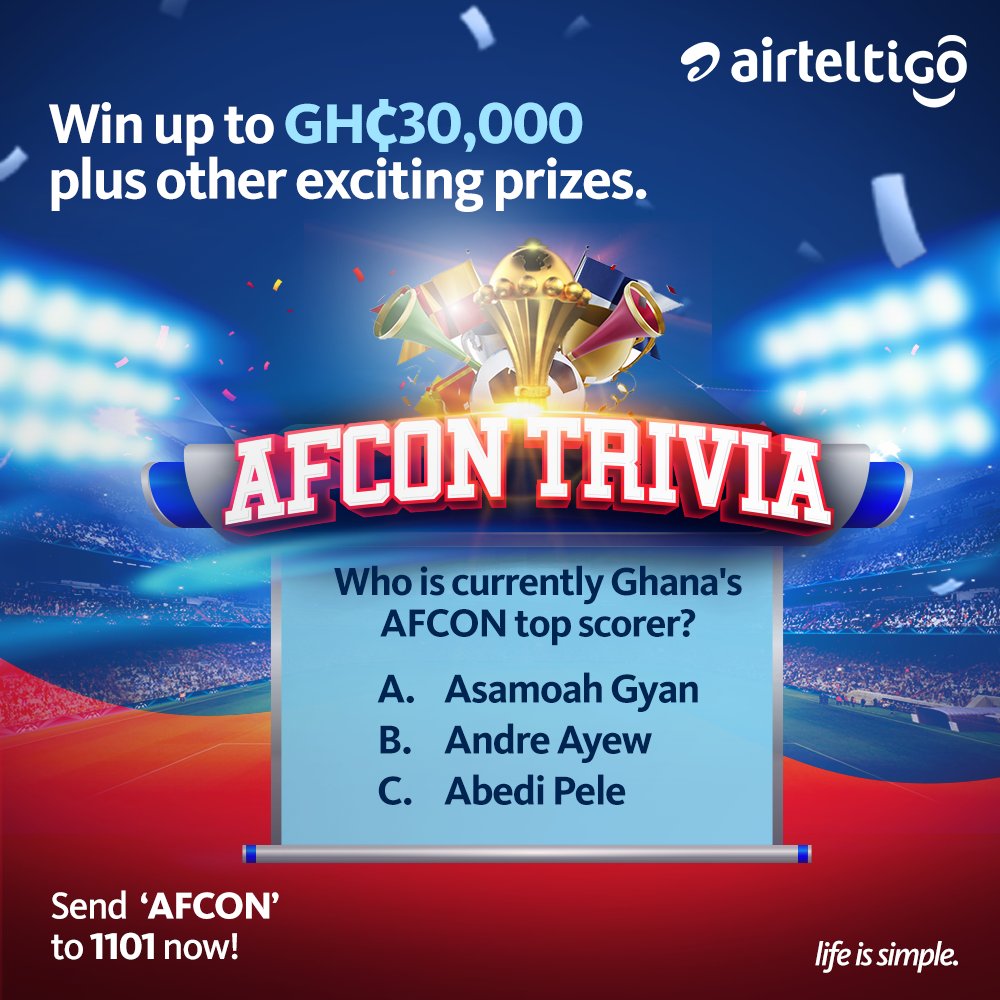 theatghana's tweet photo. There are lots of CASH and other amazing prizes up for grabs in the ongoing #AirtelTigo AFCON Trivia!
WIN Jerseys, Smart TVs & Cash prizes simply by sending 'AFCON' to 1101 & correctly answering the #AFCON Trivia questions.
#LifeIsSimple|#AFCONTrivia|#UseAirtelTigo|#AFCON2021 | https://t.co/4uSxGW2MqK