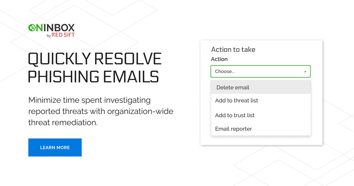 redsift's tweet image. Securing #inboundemail is a top priority for security departments in 2022. OnINBOX’s brand-new Remediation feature makes it quicker and easier. 🛡 🎣

Find out more at: securityinfowatch.com/cybersecurity/…

#cybersecurity #emailsecurity #remediation