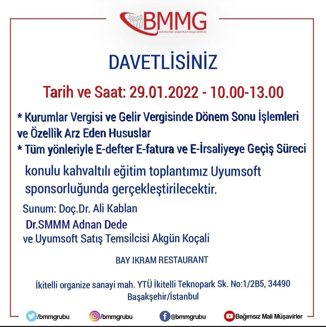 bmmgrubu's tweet photo. Uyumsoft sponsorluğunda düzenleyeceğimiz kahvaltılı eğitim toplantımıza tüm meslektaşlarımız davetlidir. #uyumsoft #bmmgrubu https://t.co/rgTPBsCmS5