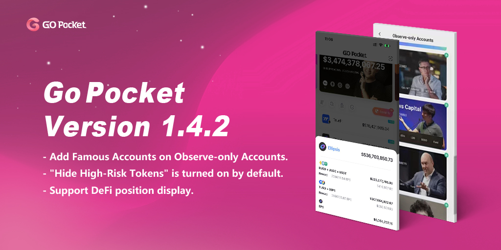 📢Go Pocket Update‼️
You are able to do more with #GoPocket

🌟Add Famous Accounts on Observe-only Accounts
🌟"Hide High-Risk Tokens" is turned on by default
🌟Support DeFi position display

🥰Stay Tuned👀 #cryptotrading #CryptoWallet #tokens #web3 #DeFi #cryptowhale #NFTs