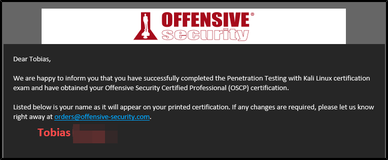 I am happy to announce that I have passed the OSCP Exam from <a href="/offsectraining/">OffSec</a>! a journey that started in 2015 has finally ended, thank you for many MANY hours of frustration, but rewarding lessons.