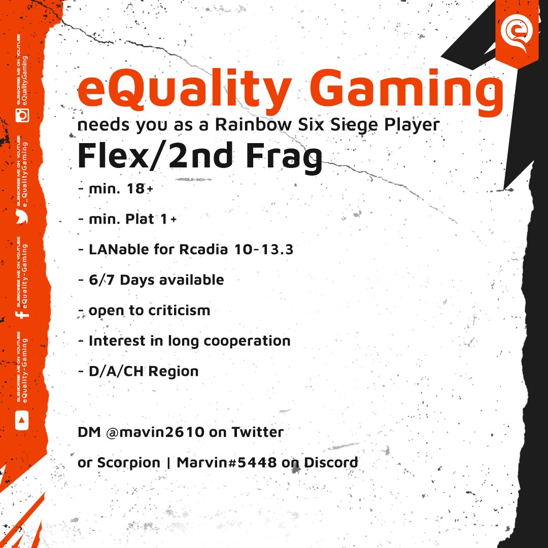 E_QualityGaming's tweet image. 🔸@E_QualityGaming NEED YOU🔸

Flex/2nd Frag
- 18+
- Plat1+
- LANable for @rcadia_official 10-13.3
- open to criticism
- Interesting in long cooperation
- D/A/CH Region

Interested❓

DM @mavin2610 

#rcadia #RainbowSixSiege