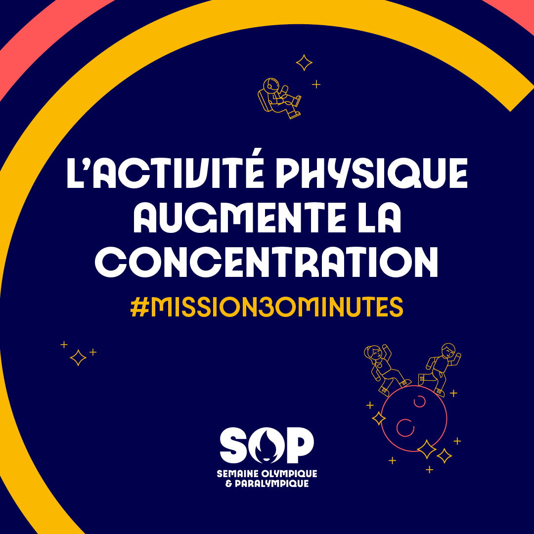 Ici la SOP 🚀

1er constat de notre #Mission30minutes : l’activité physique entraine une amélioration des capacités scolaires ! Elle développe le nombre de neurones, ce qui permet un meilleur développement cérébral 🧠

On bouge PLUS...on apprend MIEUX 😀
#SOP2022