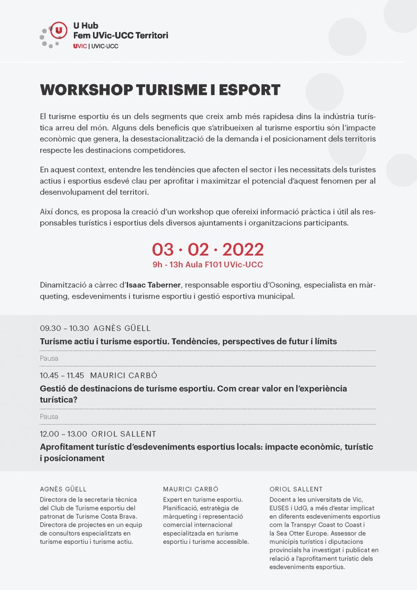 Isaac Taberner (@isaactaberner) on Twitter photo El proper dijous 3 de febrer parlarem sobre turisme i esport amb <a href="/agnesguell/">Agnès Güell Fàbregas</a>, <a href="/mauricicarbo/">Maurici Carbó</a> i @oriolsib en aquest workshop de la <a href="/uvic_ucc/">UVic-UCC</a> i <a href="/Osoning_sport/">Osoning</a>!
Un espai ideal per conèixer les últimes tendències d'un dels segments que més creix dins la indústria turística! El proper dijous 3 de febrer parlarem sobre turisme i esport amb <a href="/agnesguell/">Agnès Güell Fàbregas</a>, <a href="/mauricicarbo/">Maurici Carbó</a> i @oriolsib en aquest workshop de la <a href="/uvic_ucc/">UVic-UCC</a> i <a href="/Osoning_sport/">Osoning</a>!
Un espai ideal per conèixer les últimes tendències d'un dels segments que més creix dins la indústria turística!