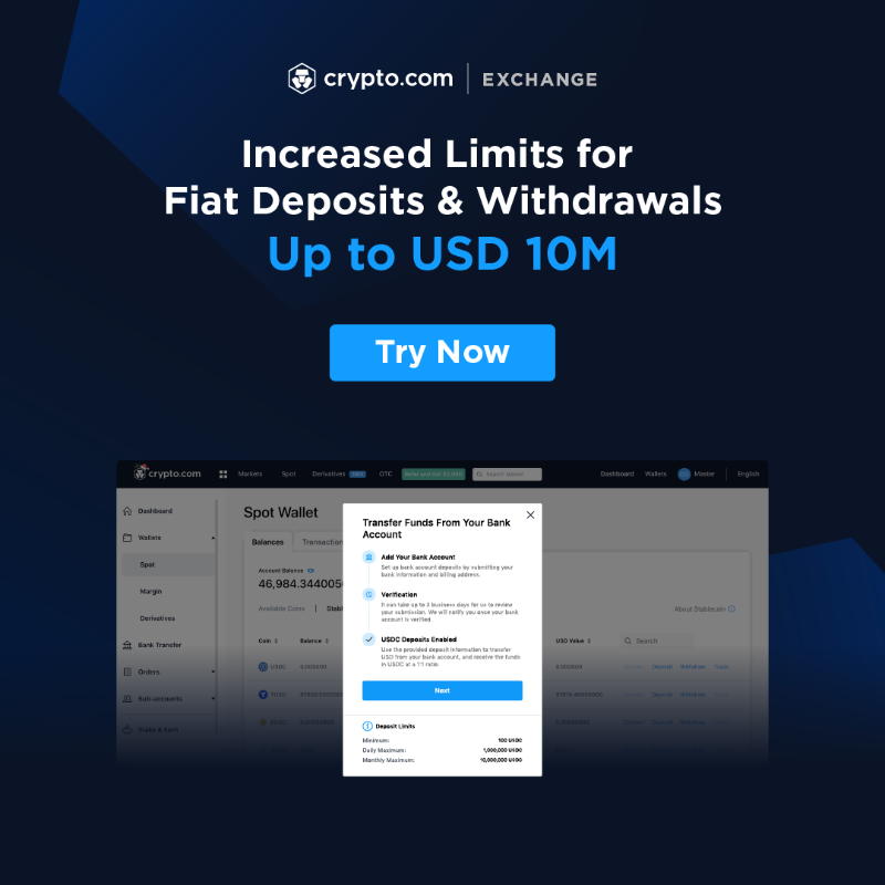 cryptocom's tweet photo. https://t.co/vCNztATSCO Exchange increases Fiat Bank Transfer limits! 🚀
 
💰 Increased monthly and daily limits
💰 Deposit up to $USD 10M monthly with zero fees
💰 Available in 40+ countries