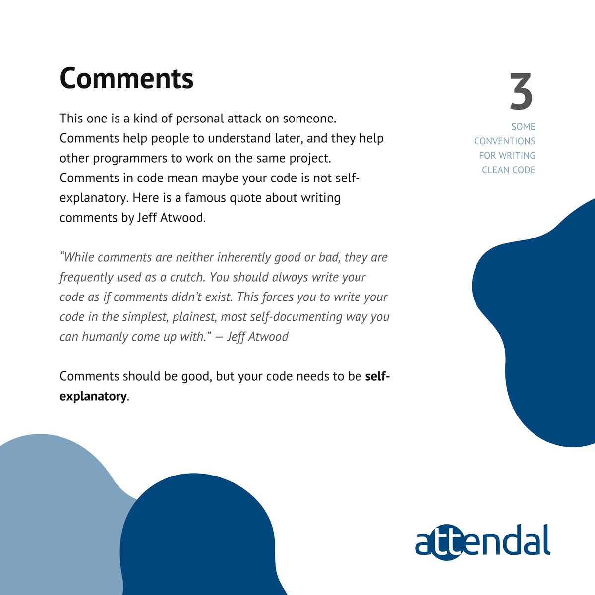 "Clean code is simple and direct. Clean code reads like well-written prose. Clean code never obscures the designer’s intent but rather is full of crisp abstractions and straightforward lines of control.” — Robert C. Martin
Part 1/2
#software #development #it #technology