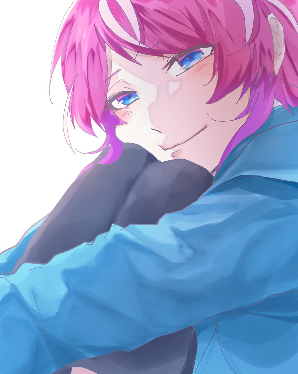 pink hair solo blue eyes 1girl smile jacket blue jacket  illustration images