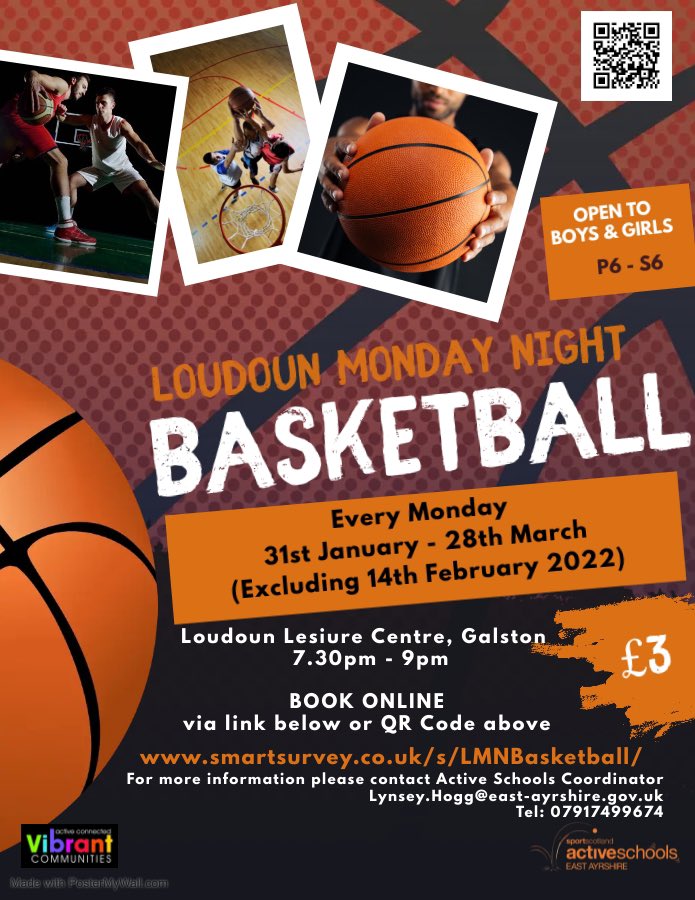 EAC Active Schools (@activeschoolsea) on Twitter photo 🏀 Loudoun Monday Night Basketball
📆 Every Monday 31st Jan - 28th Mar (excl 14th Feb)
👦🏻👩🏽 Open to both Boys & Girls aged between P6-S6
✍🏼 smartsurvey.co.uk/s/LMNBasketbal…
Book early to avoid disappointment. Spaces are limited due to restrictions
<a href="/LoudounAcademy1/">Loudoun Academy</a> <a href="/loudounparents/">Loudoun Academy Parent Council</a> 🏀 Loudoun Monday Night Basketball
📆 Every Monday 31st Jan - 28th Mar (excl 14th Feb)
👦🏻👩🏽 Open to both Boys & Girls aged between P6-S6
✍🏼 smartsurvey.co.uk/s/LMNBasketbal…
Book early to avoid disappointment. Spaces are limited due to restrictions
<a href="/LoudounAcademy1/">Loudoun Academy</a> <a href="/loudounparents/">Loudoun Academy Parent Council</a>