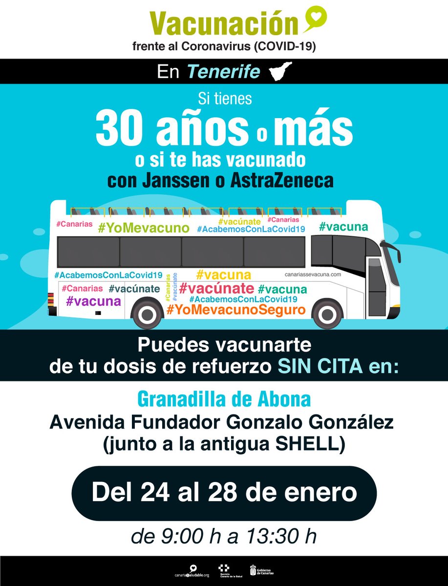 SanidadGobCan's tweet photo. 📌Recuerda: Las vacuguaguas están esta semana en Granadilla de Abona  y Telde vacunando SIN CITA con la dosis de refuerzo💉contra la #COVID19 a personas mayores de 30 años y a quienes recibieron la vacuna de Janssen o AstraZeneca.

🚍Consulta horarios aquí👇🏽

#CanariasSeVacuna https://t.co/C7h8XPknXb