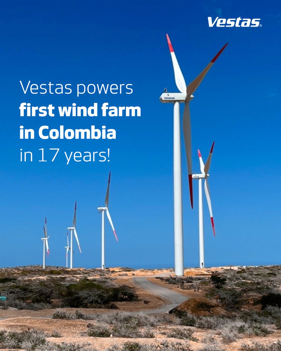 Vestas's tweet photo. #Vestas is proud to be powering the first wind energy project in Colombia for 17 years. 
 
La Guajira I is made up of 20 MW of V100-2.0 MW® wind turbines, and will be the first wind farm to supply renewable power directly in to Colombia’s national grid. https://t.co/NH3YZykLii