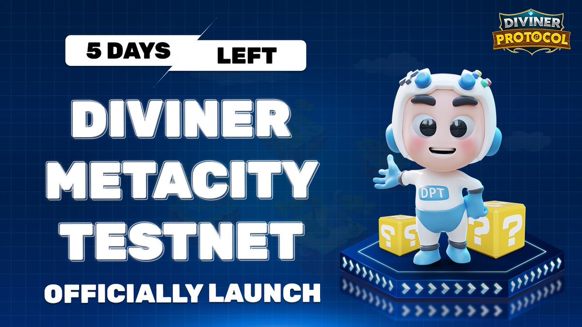DivinerProtocol's tweet photo. There are only 5 days left before Diviner MetaCity TestNet launch! Are you looking forward?
Game Demo: https://t.co/eplyoP6L9R
Game Wiki: https://t.co/5RijcWjXJL
Video Trailer: https://t.co/Phz44BdJNi
More big news coming soon! Please stay tuned! https://t.co/8QWZAeszTV