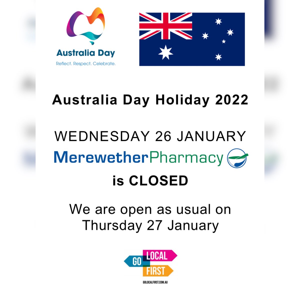 MerewetherPhcy's tweet photo. We are closed on Wednesday for the Australia Day Holiday 🇦🇺. 
We'll be back to look after your health on Thursday morning! 
#AustraliaDay 
#Healthy #Merewether #Pharmacy #HereForYou #BuyLocal #GetHealthy #StayHealthy https://t.co/g4IvNErDrp