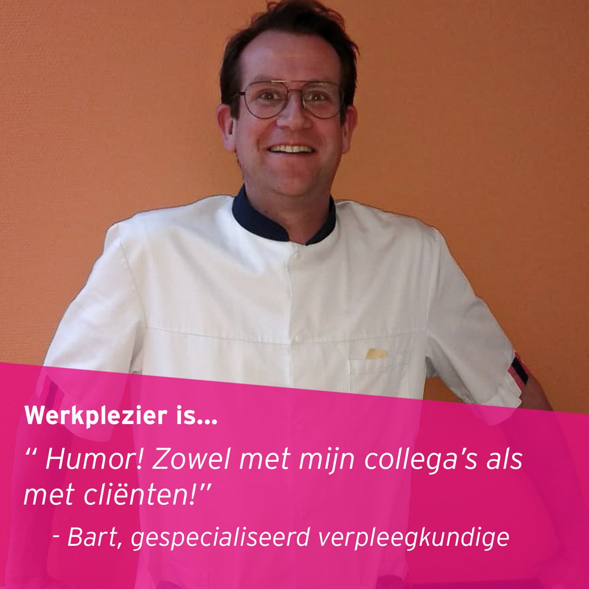 Vandaag is het "De dag van het werkplezier in de zorg". Bart werkt als verpleegkundige op de revalidatie en haalt veel plezier uit het opbouwen van een band met collega's en cliënten! #odeaandezorg #dagvanhetwerkplezierindezorg