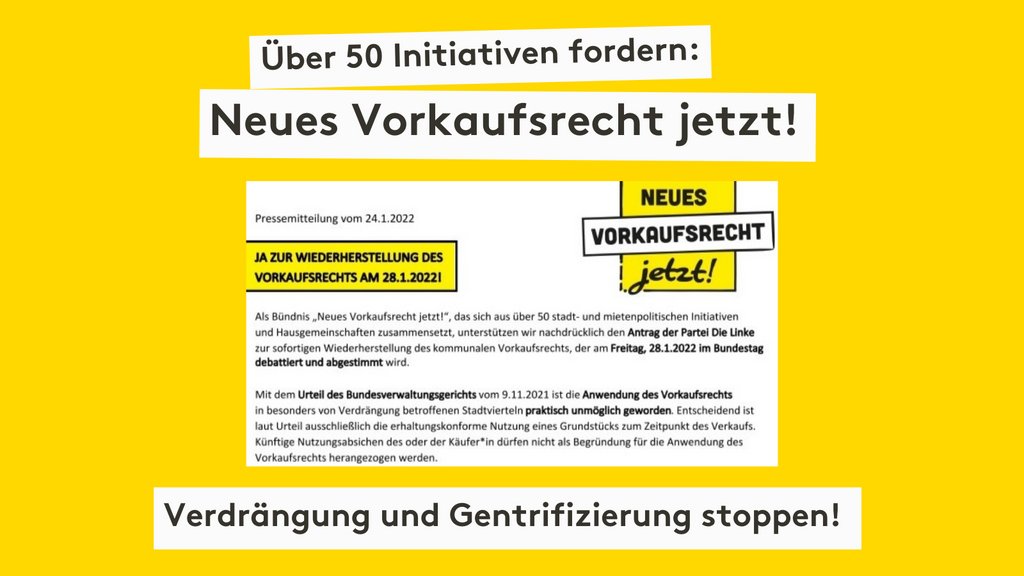 Verdrängung &amp; Gentrifizierung stoppen: Neues Vorkaufsrecht jetzt! 💜

Die #Bundesregierung muss handeln! Das Vorkaufsrecht kann verhindern, dass Mieter:innen von Investor:innen verdrängt werden. Dringend nötig! ✊

Pressemitteilung des Bündnisses👇
neues-vorkaufsrecht.jetzt/aktionen/press…