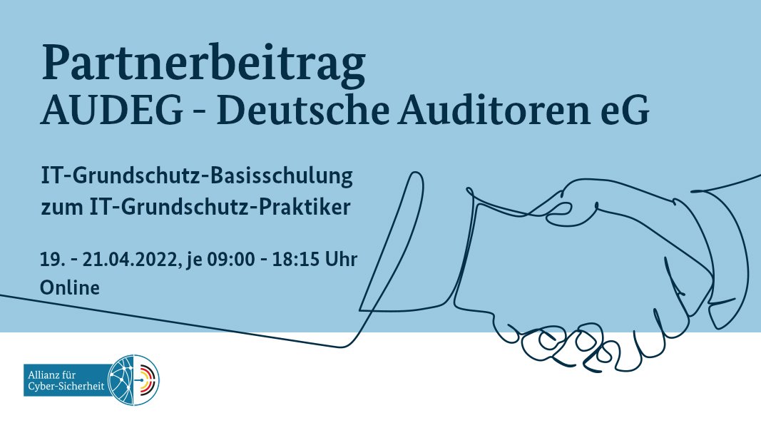 Ausbildung zum IT-Grundschutz-Praktiker?! <a href="/audeg_de/">AUDEG</a> bietet auch 2022 die Basisschulungen unter Einhaltung des <a href="/BSI_Bund/">BSI</a> Curriculum zum IT-Grundschutz-Praktiker an: allianz-fuer-cybersicherheit.de/dok/1009212 #CyberAllianz #digitalundsicher #DeutschlandDigitalSicherBSI