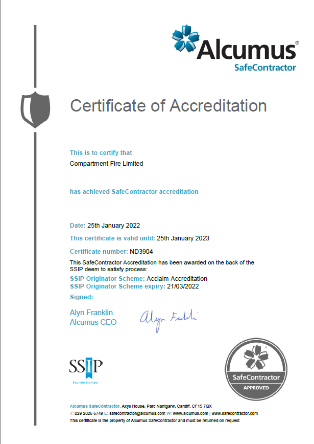 CompartmentFire's tweet photo. CFL are pleased to announce that we are now fully accredited under the SSIP scheme for @safe_contractor https://t.co/QhGenLhtjp