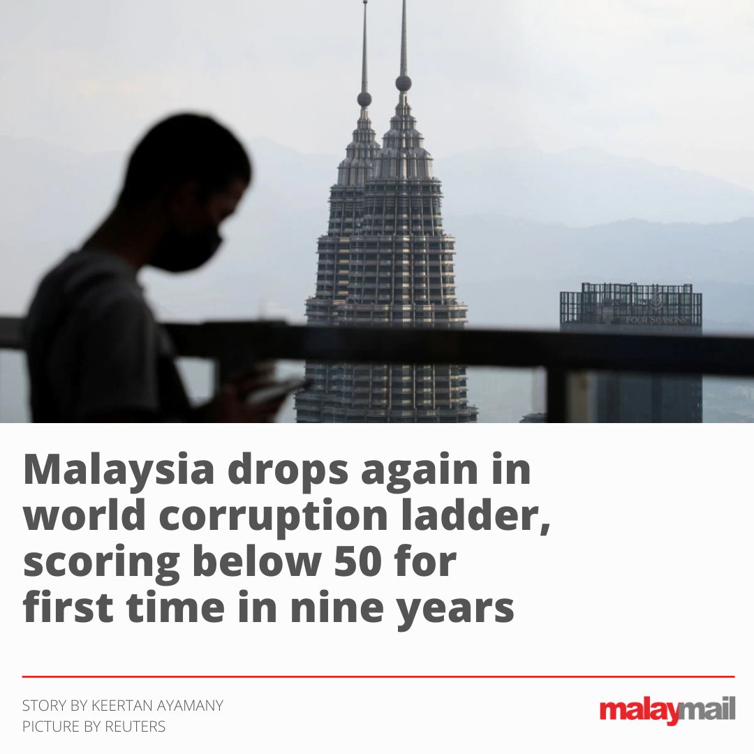 malaymail's tweet photo. Perceived corruption in Malaysia has worsened further, according to Transparency International (TI) that ranked the country 62nd in 2021, or five rungs lower than the previous year.

#Malaysia #Corruption #News #World #TI #Ranking https://t.co/vZM01BSUOJ