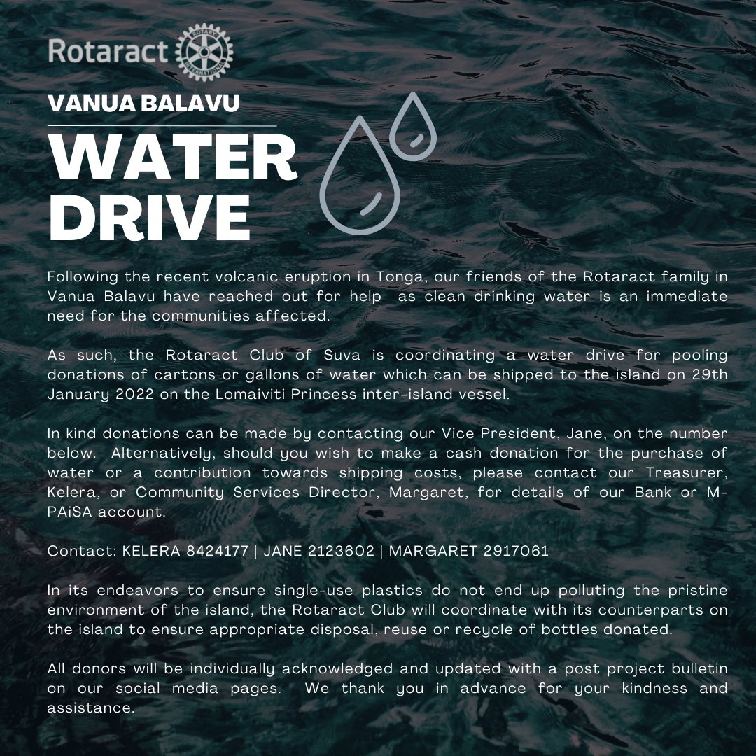SuvaRotaract's tweet photo. We’re organizing a drive for in-kind donations for cartons/gallons of drinking water for villages in Vanua Balavu for this weekend’s trip to the island by the Lomaiviti Princess (29 January) #Rotaract #TongaVolcano #Donations https://t.co/c6XELWB8pc
