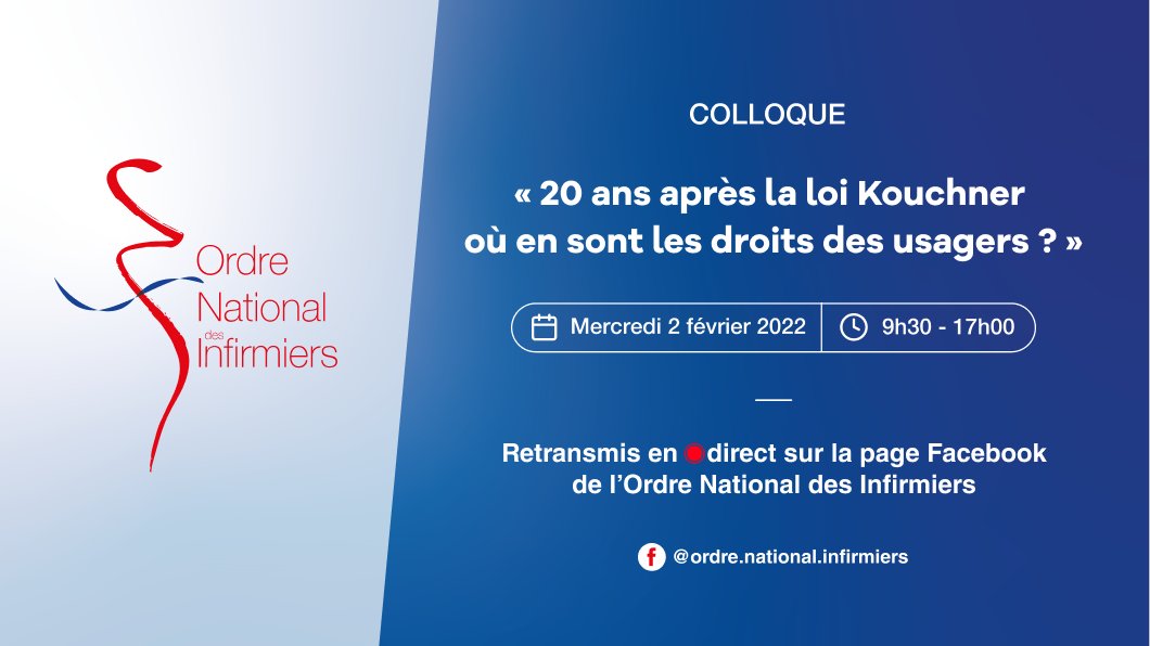 [J-8]🗓️Le 2 février, participez au #colloque en ligne organisé par <a href="/OrdreInfirmiers/">Ordre National des Infirmiers</a> sur les droits des usagers en présence d'experts, de parlementaires, d’universitaires et des représentants de la profession infirmière. #ColloqueDroitsUsagers 👇
ordre-infirmiers.fr/actualites-pre…