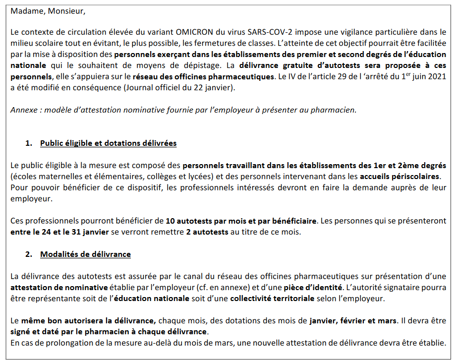 nicolasberrod's tweet image. Les membres du personnel scolaire peuvent recevoir gratuitement 2 autotests chacun cette semaine s'ils le souhaitent, puis 10 par mois (au moins jusqu'en mars). La demande doit être faite auprès des pharmaciens avec l'accord des chefs d'établissement.

solidarites-sante.gouv.fr/IMG/pdf/dgs_ur…