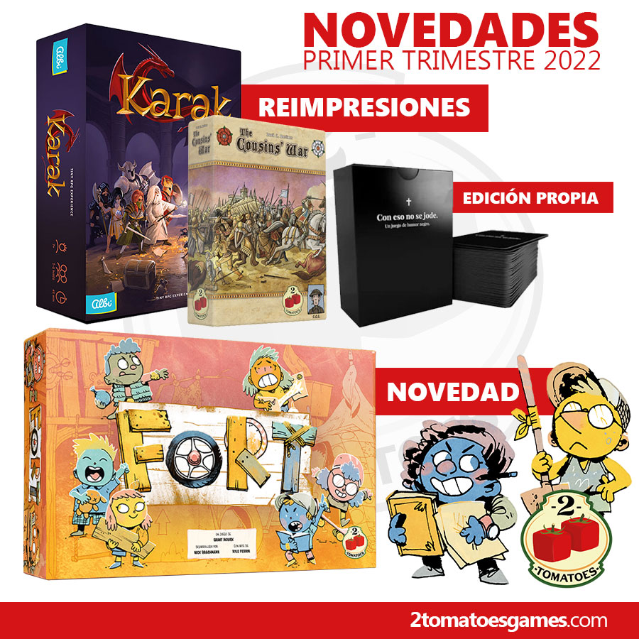 2TomatoesGms's tweet photo. ¡Jugosas novedades para el inicio de 2022! Contaremos con reimpresiones de #Karak y The Cousins' War, y tendremos la edición propia de Con eso no se jode, un divertido juego de cartas con humor negro.
¡Y por supuesto, #Fort! El juego de cartas donde volveremos a ser niños. https://t.co/sQRGRXzcNN