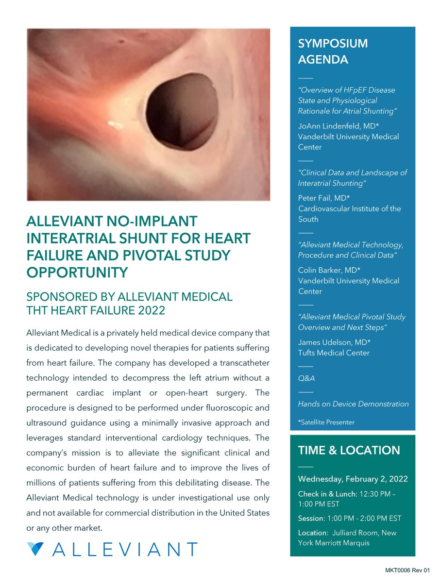 alleviant's tweet image. Don’t miss our symposium at the inaugural @CRFHeart #THT2022 mtg on 2/2 for a chance to learn more about @alleviant&apos;s no-implant interatrial shunt technology for #heartfailure #cardiology #structuralheart @LindenfeldJoann @houmavalvedoc @colinbarkerMD @JacobKriegel #JamesUdelson