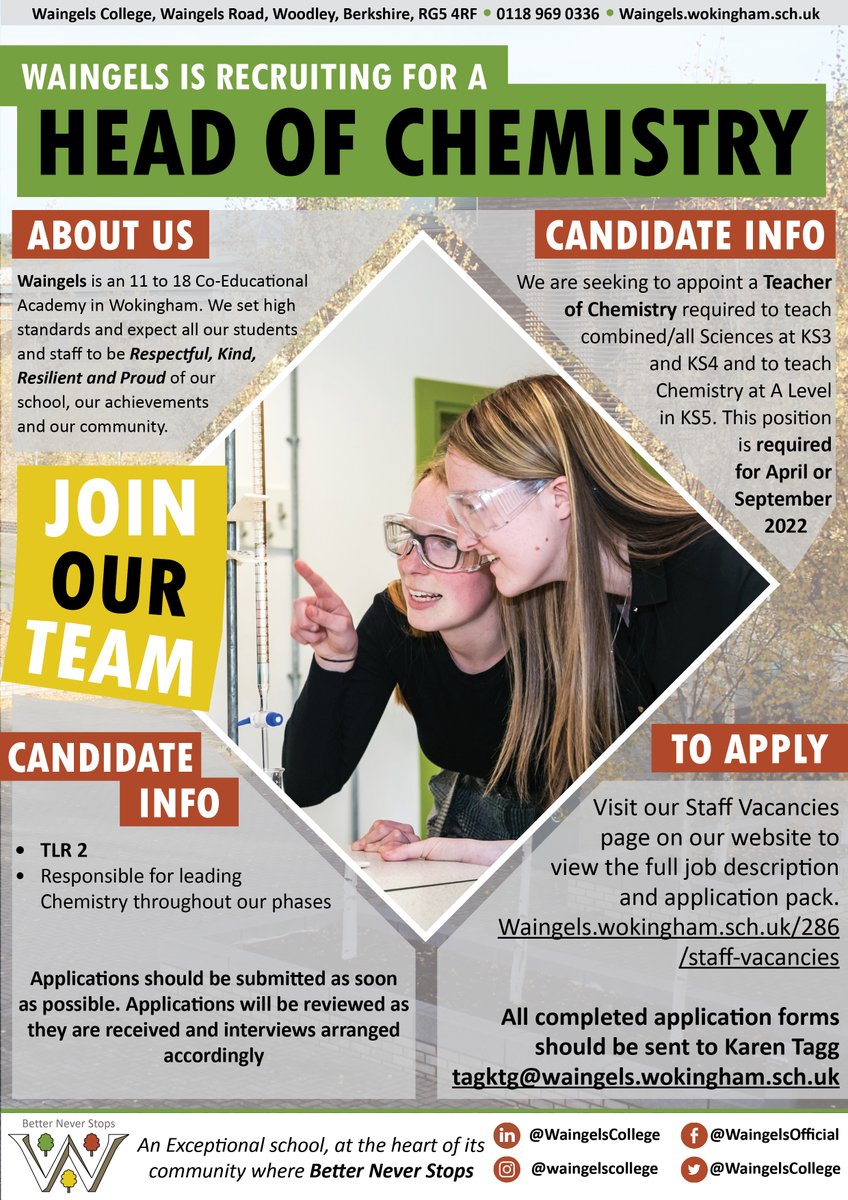 Waingels_'s tweet photo. We are seeking to appoint a Head of Chemistry and we would love you to consider joining the Waingels Team!

https://t.co/lx2DJqlQe5

Please share https://t.co/qm9Kmc27yj
