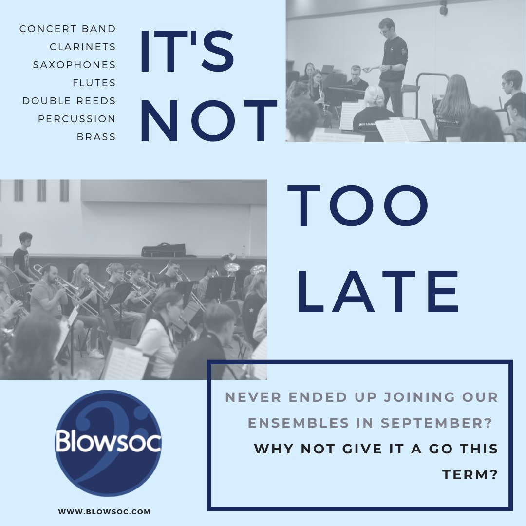 Never ended up joining Blowsoc in September? It's not too late! 🎶 Come along to our ensembles this term, we'll be playing new music so you won't have missed anything! 👀 Look out for more information on our ensembles and socials coming soon on Instagram and Facebook!