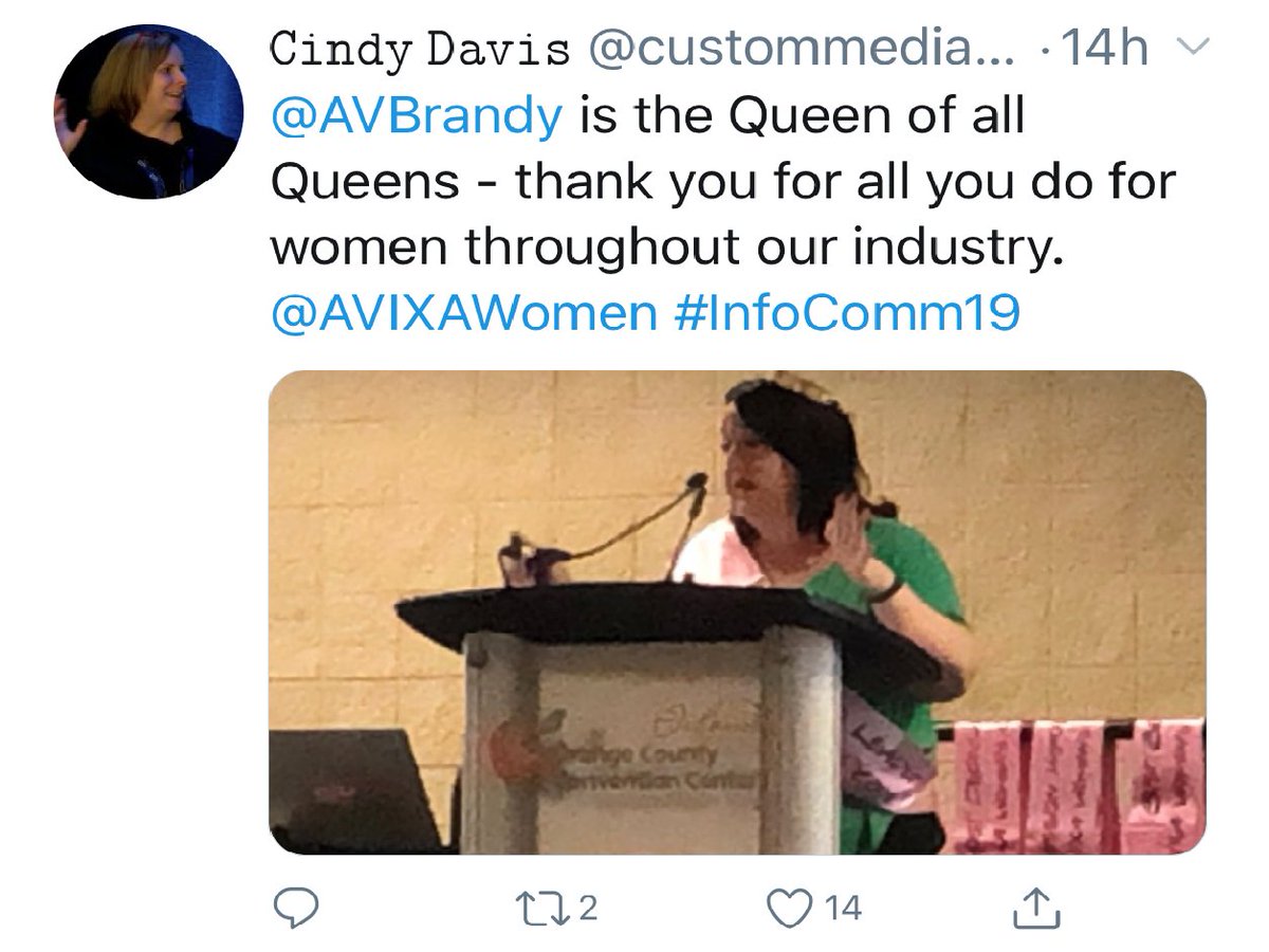 AVBrandy's tweet photo. Day 16 of 30 #AVChallenge- Most memorable AV Event-- Was my first official #AVIXAWomens Council breakfast as Chair in 2019. They dubbed me their #AVQueen and #FearlessLeader. Thank you @cindydavis_avit for this shout out!  

#avtweeps #AVIXAWomen #AWC #PastChair #InfoComm19 https://t.co/kXg3nhaItx