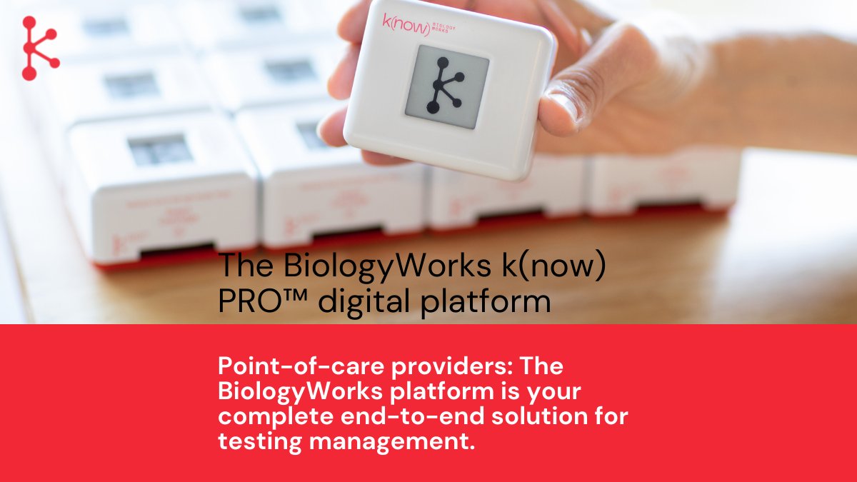 BiologyWorks's tweet photo. The BiologyWorks k(now) PRO™ digital platform provides point-of-care (POC) providers with a complete solution for end-to-end testing management. POC providers and patients simultaneously receive verified results within 45 minutes. 

https://t.co/UDLB4x8lsE https://t.co/iPkKS88B2u