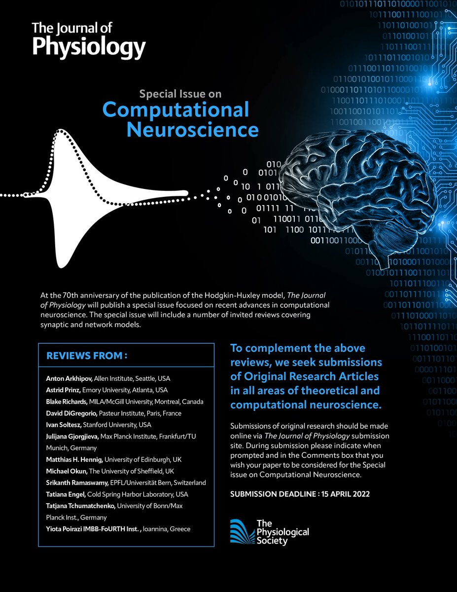 The 70th anniversary of the Hodgkin-Huxley model is being celebrated at the Journal of Physiology, where it was published. On this occasion, there's a call for computational neuroscience manuscripts in a special issue on the subject. Cheers!
physoc.onlinelibrary.wiley.com/hub/journal/14… #berglabcph