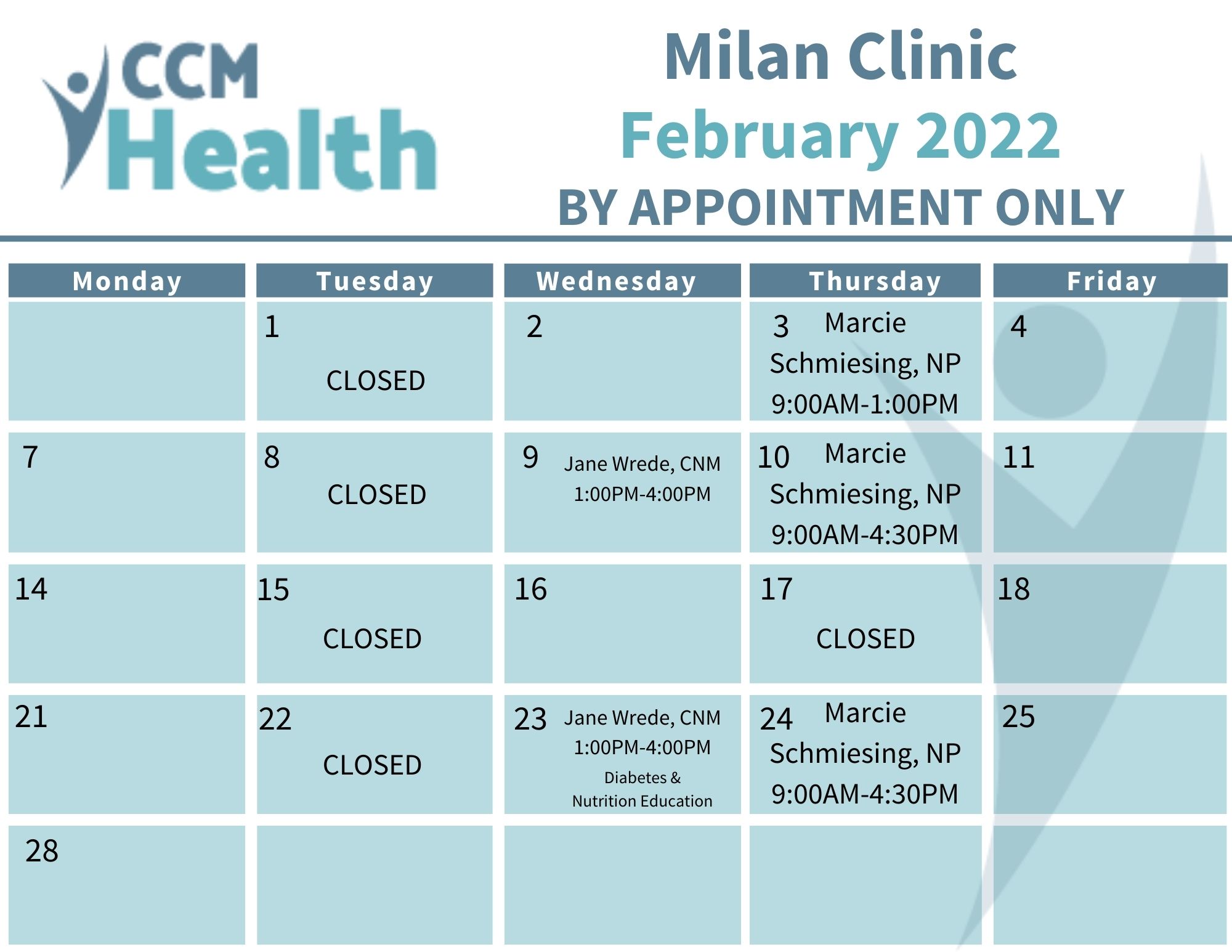 Cnm Schedule 2022 Ccm Health On Twitter: "Please Review The Following Clinic Dates For The  Month Of February. Clarkfield Clinic Is Closed Through March.  Https://T.co/Akur2H198W" / Twitter
