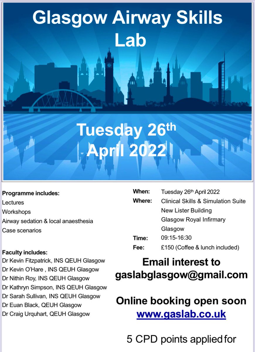 GASLab is back!

Register your interest to develop your skills in complex airway management. Delivered by consultants experienced in managing challenging airway scenarios. 

<a href="/NWosart/">WOSART - Stage 3 Teaching</a> <a href="/INSNeurosurgery/">Institute of Neurological Sciences</a> <a href="/WoSICS/">WoSICS</a> <a href="/Gaswegians/">WoS Anaesthetic StRs</a> 

#anaesthesia #difficultairway
