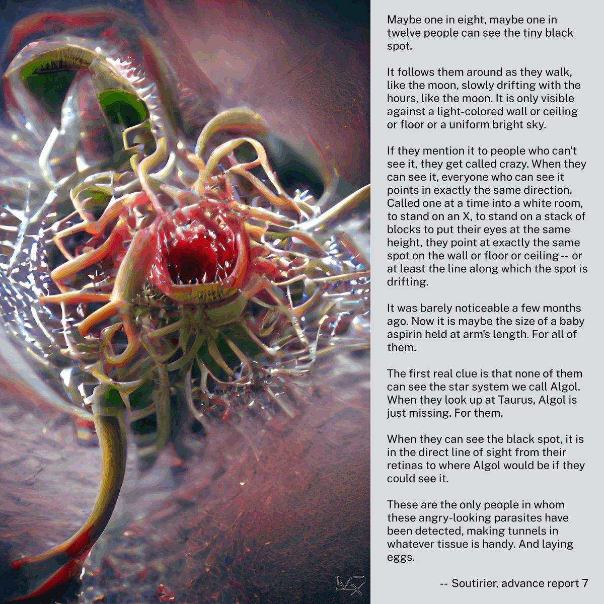 xalieri's tweet photo. Short fiction off the back burner stack.

#AIAssistedArt #FlashFiction #SeeingSpots #BodyHorror #Algolia #DigitalArt https://t.co/WdS36tKqbu