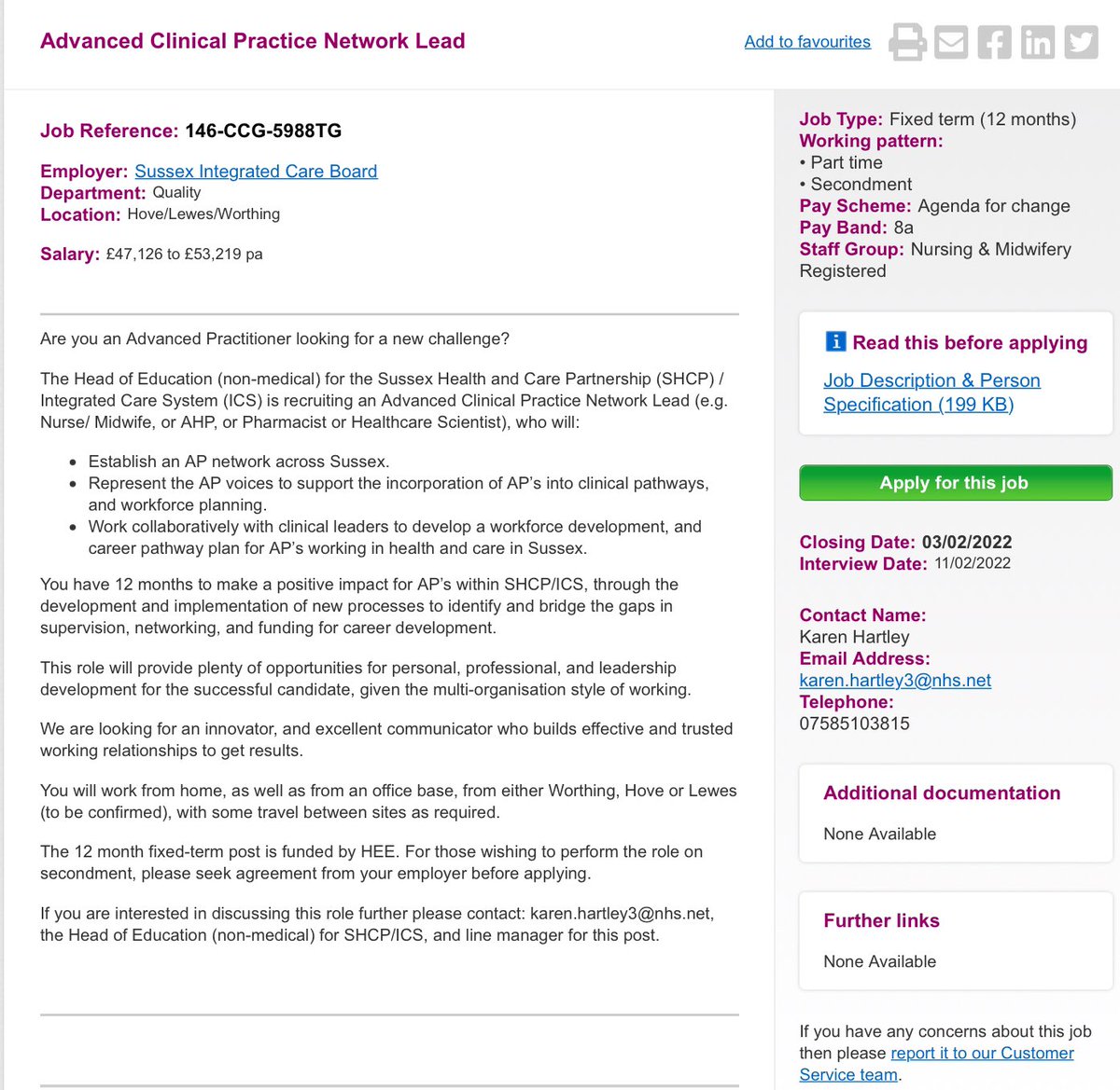 Are you working in Advanced Clinical Practice? @Sussex_HCP are seeking an #AHP, #Nurse, #Midwife, #Pharmacist to join us to develop a network and promote the role across Sussex with practice partners. jobs.nhs.uk/xi/vacancy/916…