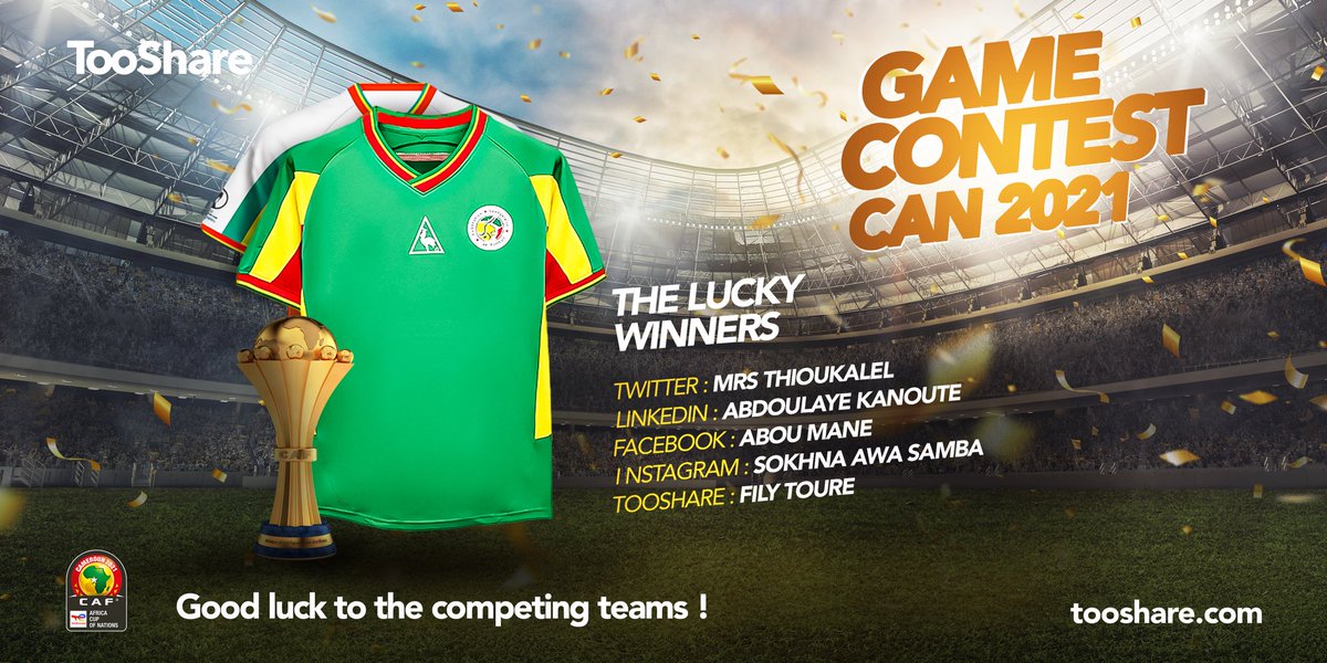 tooshare_africa's tweet photo. Many of you participated in our special #Can 2021 #contest to try to win a retro Senegal jersey !
🚨Here is the list of lucky winners…
Get trained on sports jobs on our platform : https://t.co/eRm41jxGCx. 📲💻🌍🐘
#JoinTooShare #ExtendYourWorld #Kebetu https://t.co/G6SvHNyn3r