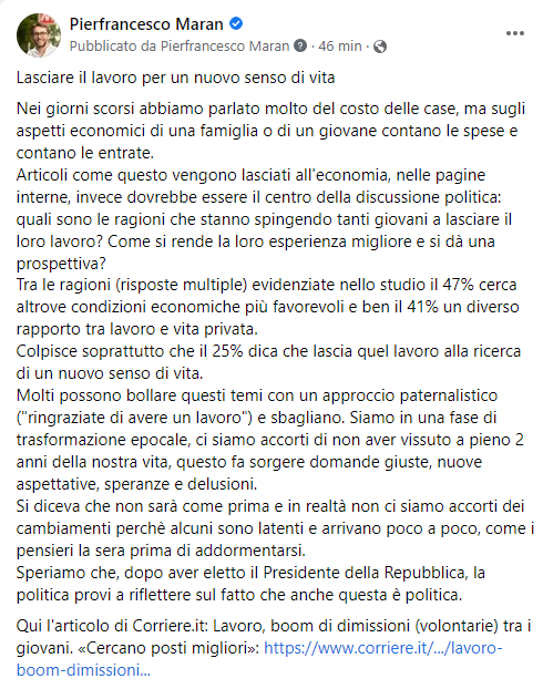 PierMaran's tweet photo. Lasciare il lavoro per un nuovo senso di vita. Nei giorni scorsi abbiamo parlato molto del costo delle case, ma sugli aspetti economici di una famiglia o di un giovane contano le spese e contano le entrate. https://t.co/gMrXzptTQ2 #Milano https://t.co/zuBkq1Xrze