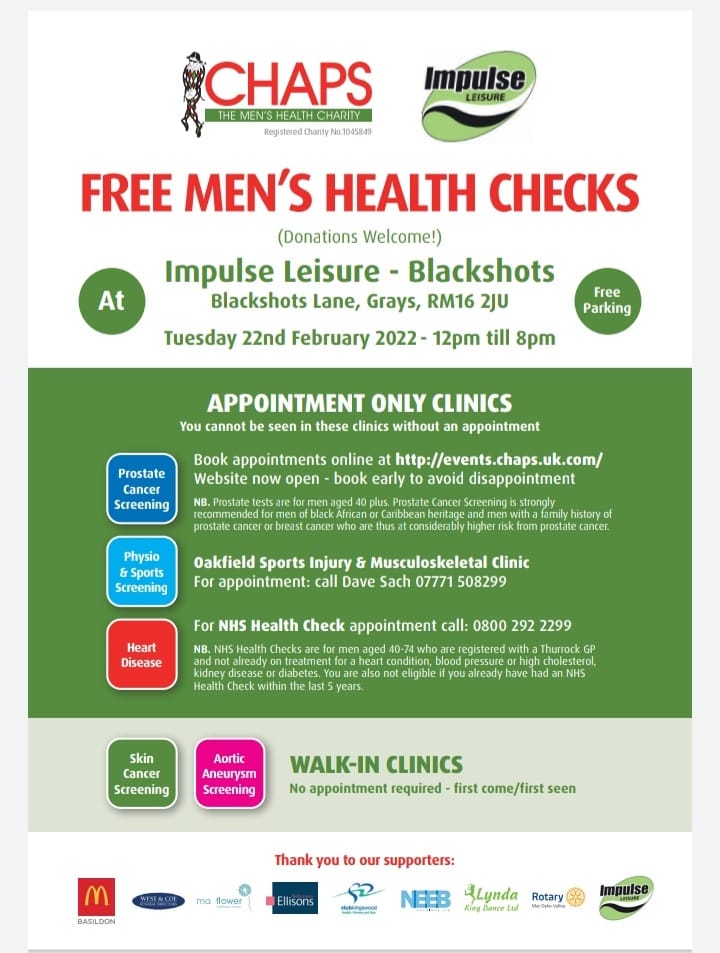 Book your FREE Men's health check at Blackshots this February! - Prostate Cancer Screening - Physio & Sports Screening - Heart Disease - Skin Cancer Screening - Aortic Aneurysm Screening