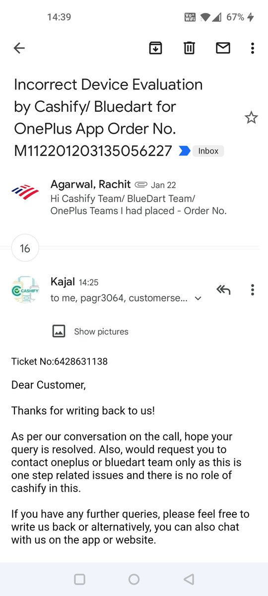 RWL_13's tweet photo. @PeteLau @Vikas_AGL @OnePlus_IN @OnePlus_Support @OnePlus_USA - Complaint No. 220123-007352. Seems like OnePlus is running scam in India on OnePlus App misleading customers and cashify. @Cashify_ @manocha_mandeep @Nakul425 @BlueDartCares https://t.co/VILnZ1xHU0