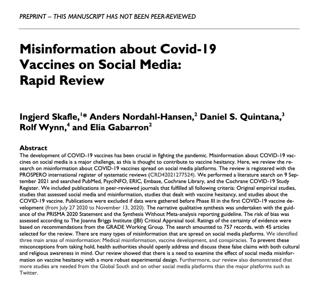 New preprint! 🎉

Misinformation about Covid-19 Vaccines on Social Media: Rapid Review osf.io/tyevj/

Led by <a href="/IngjerdSkafle/">Ingjerd Skafle</a>, our review identified three main areas of misinformation on social media: Medical misinformation, vaccine development, and conspiracies